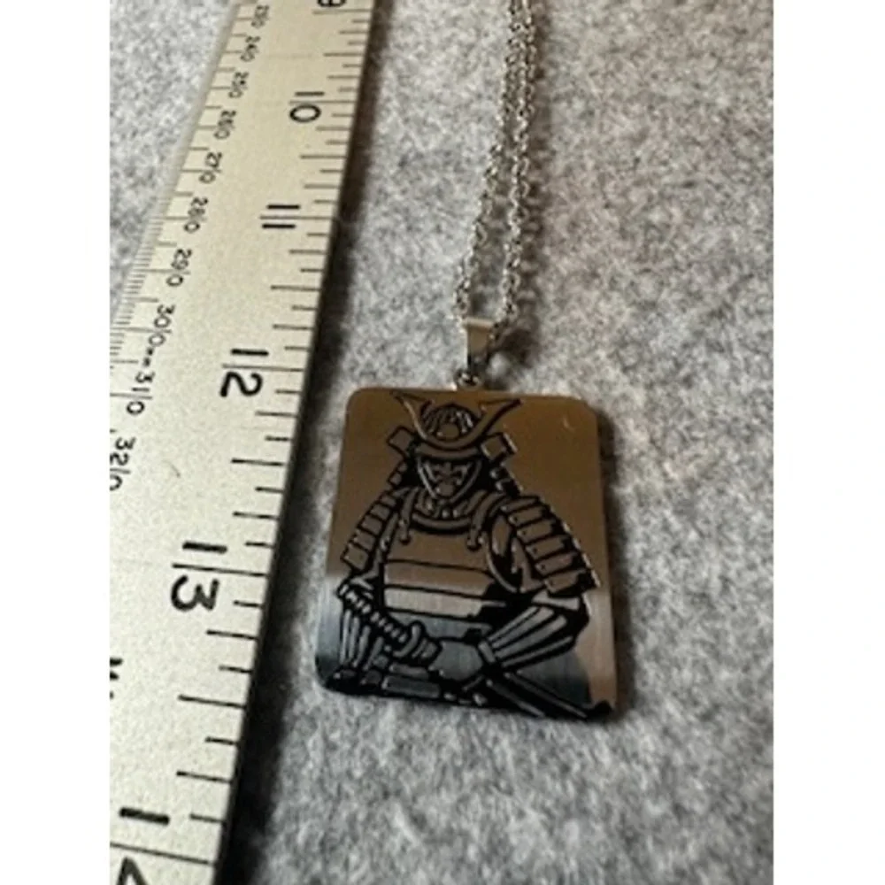 Samurai Warrior Engraved Dog Tag Pendant Necklace Silver Tone 24 Inch Chain